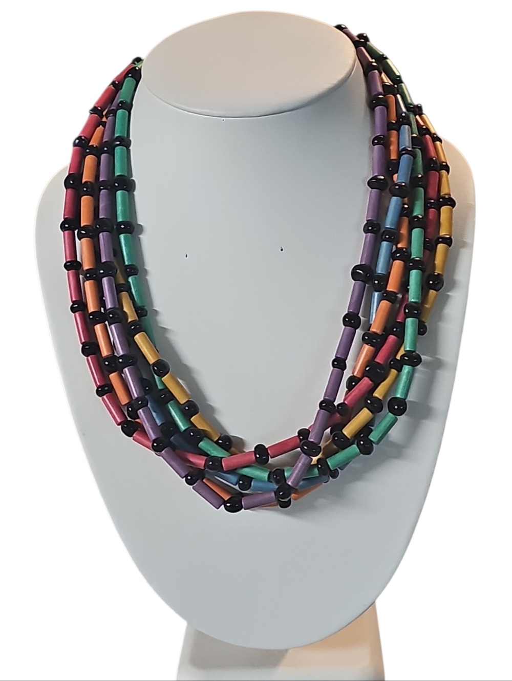 1980's Brite Multi Colored Lucite Tube Beads & Black Beads 6 Strand Necklace
